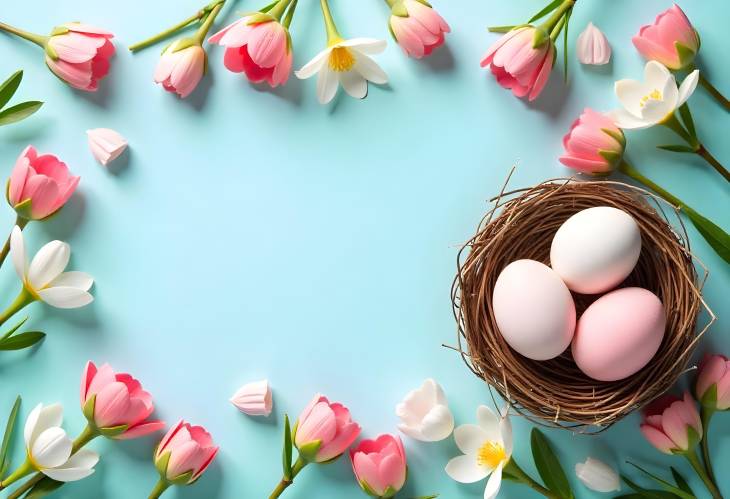 Springtime Easter Beautiful Eggs and Blossoms Flat Lay